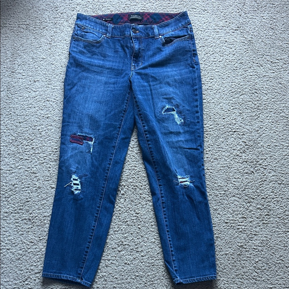 Talbots Plaid Patchwork Distressed Boyfriend Jeans - image 1